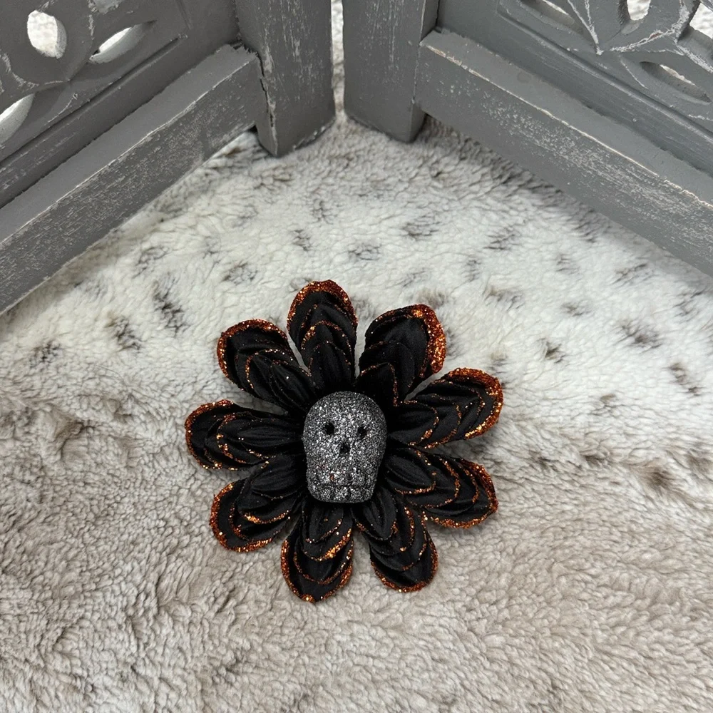 Orange sugar skull floral hair clip Halloween Dia De Los Muertos Day of the Dead
